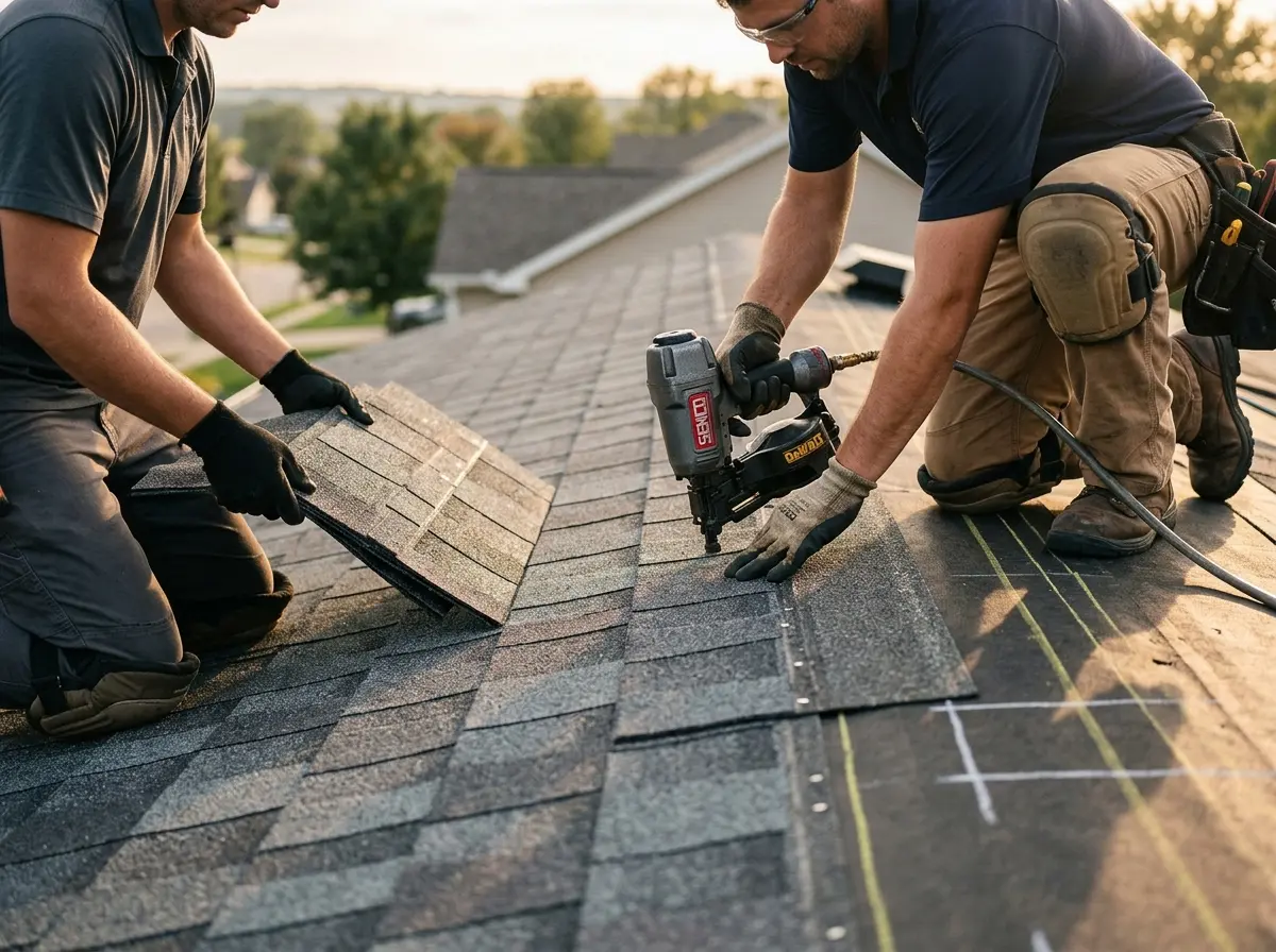 Professional roofer working on a residential roof in Mason